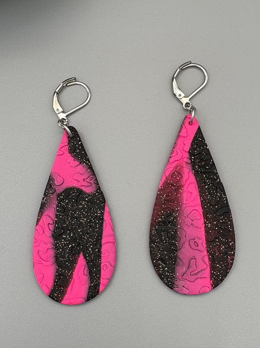 Pink & Black Leopard Drop Dangle Earrings - handcrafted polymer clay earrings by Lakeside Clay