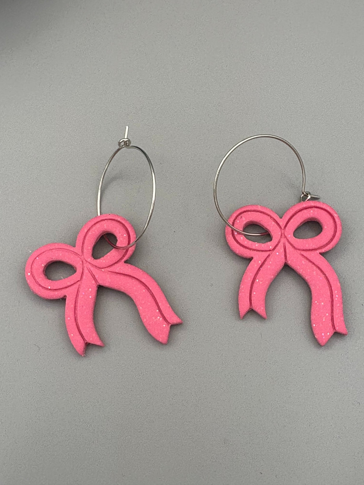Sparkly Pink Bow Hoop Earrings - handcrafted polymer clay earrings by Lakeside Clay