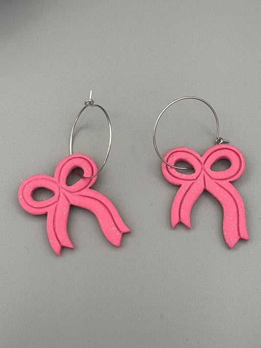 Sparkly Pink Bow Hoop Earrings - handcrafted polymer clay earrings by Lakeside Clay