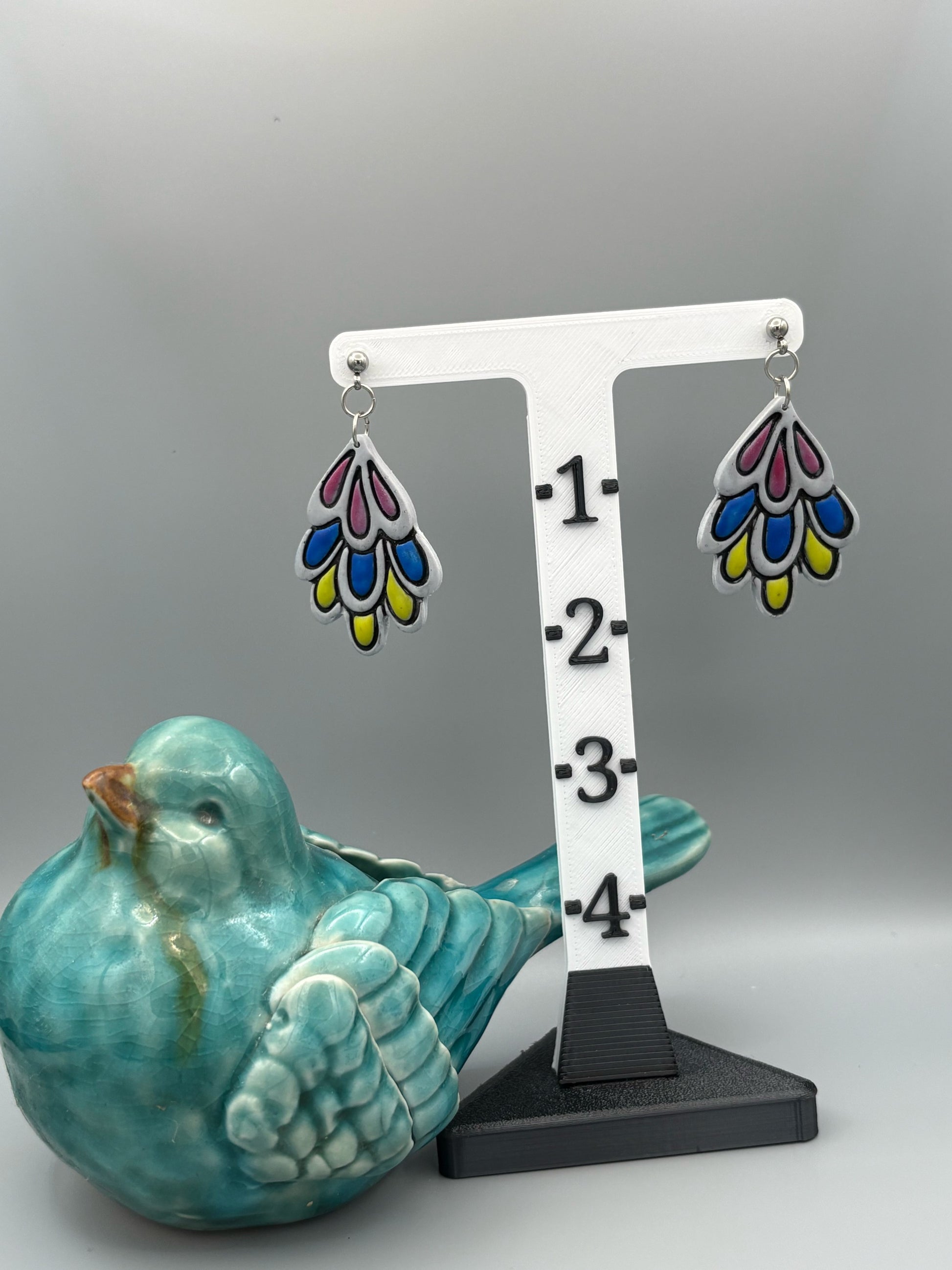 Tri-Colour Feather Dangle Earrings - handcrafted polymer clay earrings by Lakeside Clay