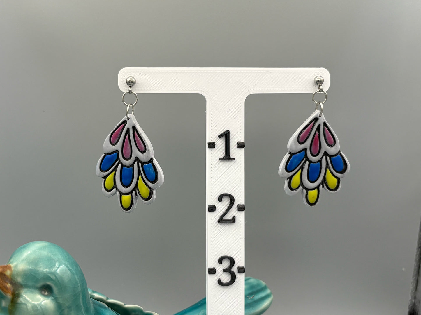 Tri-Colour Feather Dangle Earrings - handcrafted polymer clay earrings by Lakeside Clay