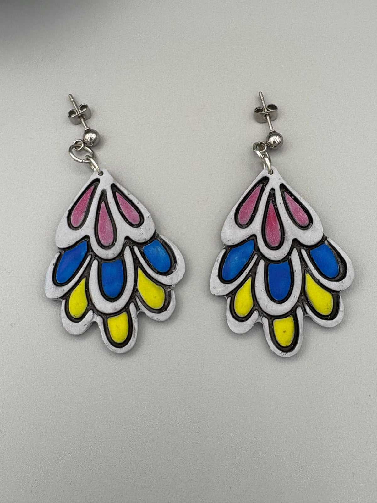 Tri-Colour Feather Dangle Earrings - handcrafted polymer clay earrings by Lakeside Clay