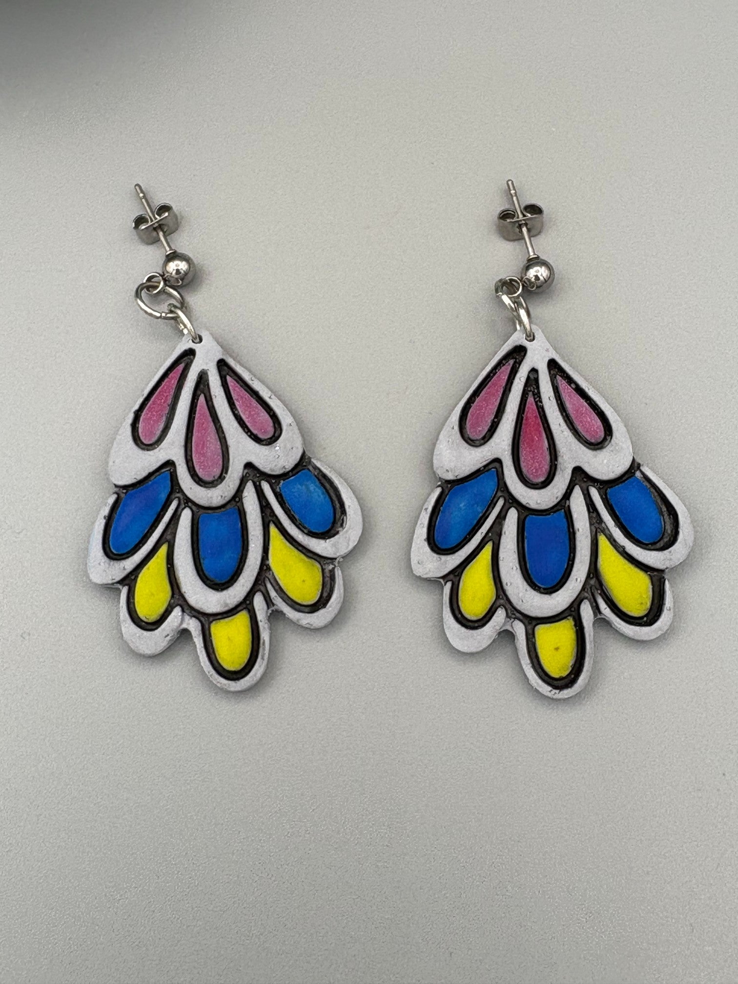 Tri-Colour Feather Dangle Earrings - handcrafted polymer clay earrings by Lakeside Clay
