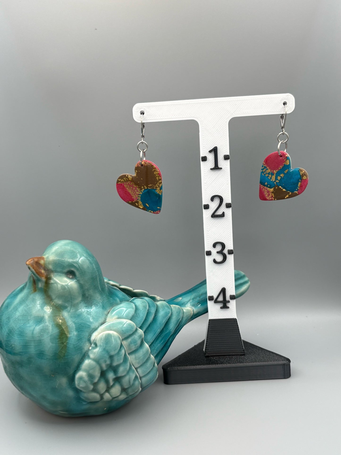 Gilded Peacock Heart Dangle Earrings - handcrafted polymer clay earrings by Lakeside Clay