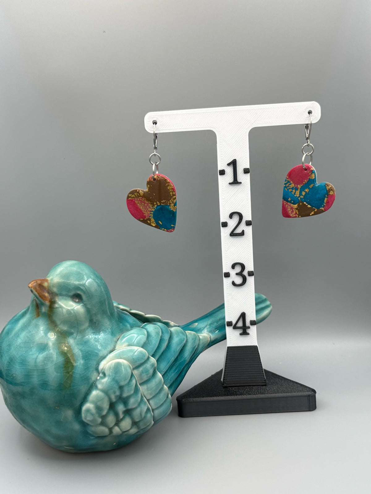 Gilded Peacock Heart Dangle Earrings - handcrafted polymer clay earrings by Lakeside Clay