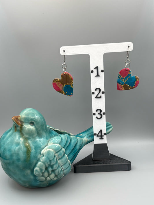 Gilded Peacock Heart Dangle Earrings - handcrafted polymer clay earrings by Lakeside Clay