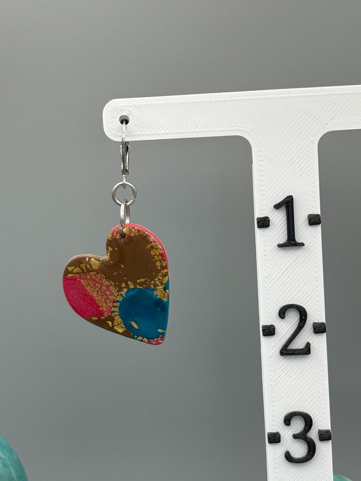 Gilded Peacock Heart Dangle Earrings - handcrafted polymer clay earrings by Lakeside Clay