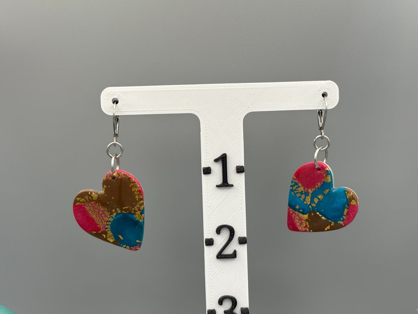 Gilded Peacock Heart Dangle Earrings - handcrafted polymer clay earrings by Lakeside Clay