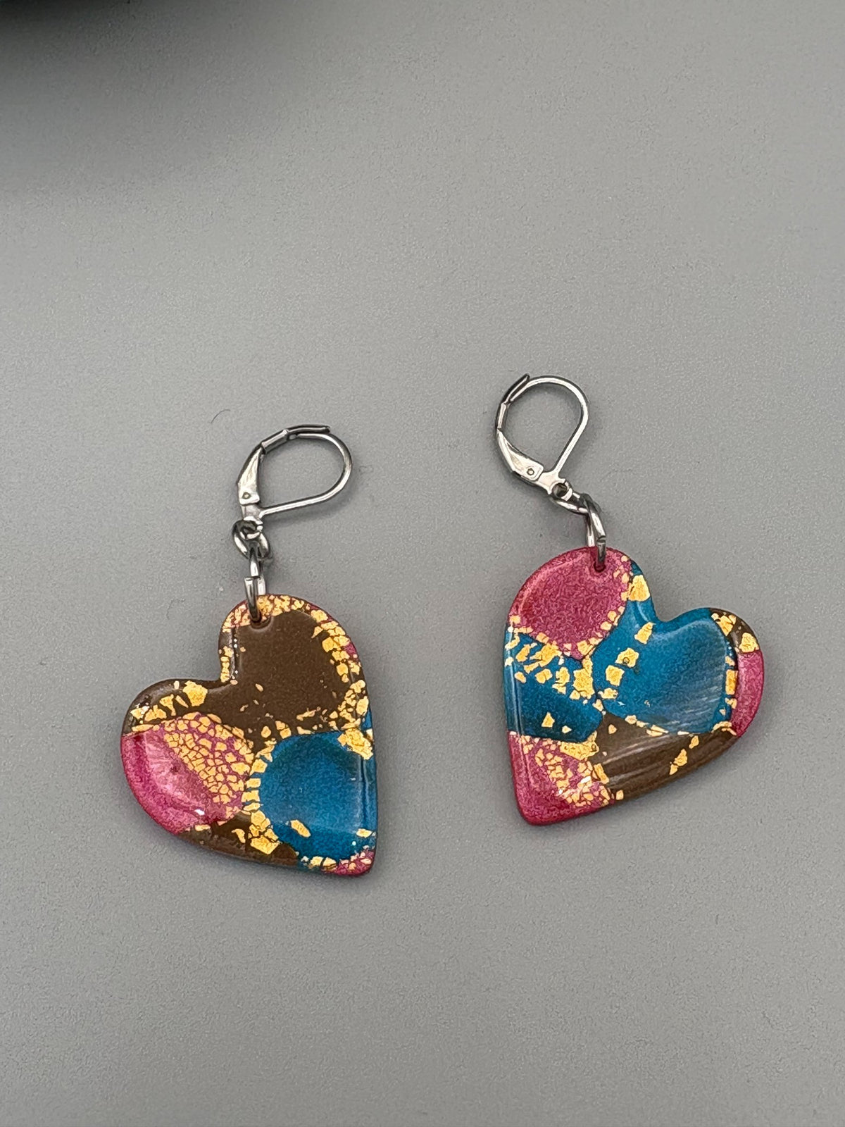 Gilded Peacock Heart Dangle Earrings - handcrafted polymer clay earrings by Lakeside Clay