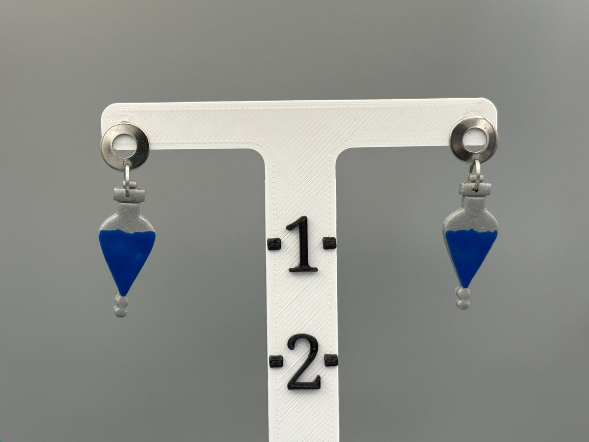 Blue Potion Bottle Dangle Earrings - handcrafted polymer clay earrings by Lakeside Clay