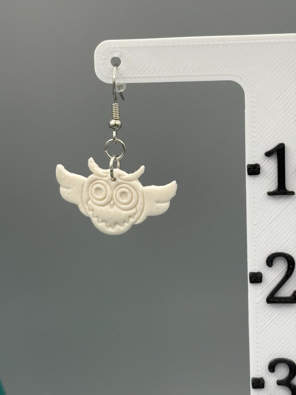 White Sparkly Owl Dangle Earrings - handcrafted polymer clay earrings by Lakeside Clay