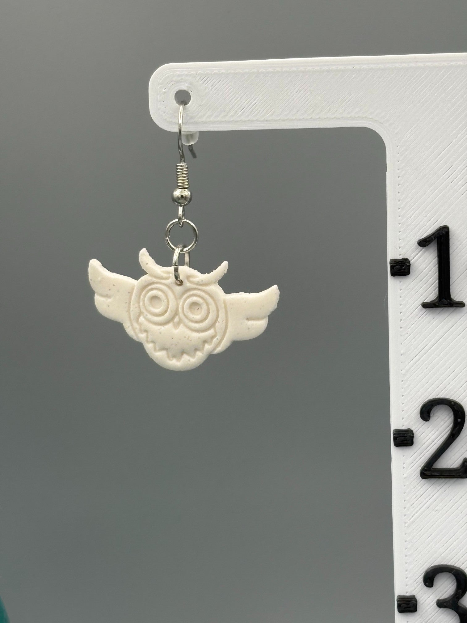 White Sparkly Owl Dangle Earrings - handcrafted polymer clay earrings by Lakeside Clay