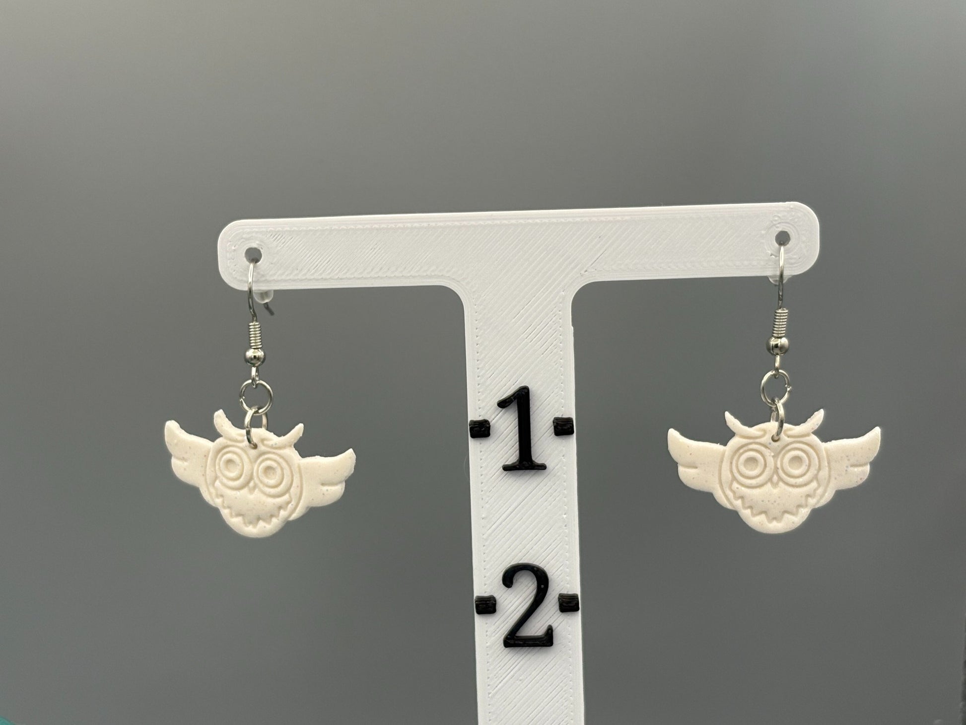 White Sparkly Owl Dangle Earrings - handcrafted polymer clay earrings by Lakeside Clay