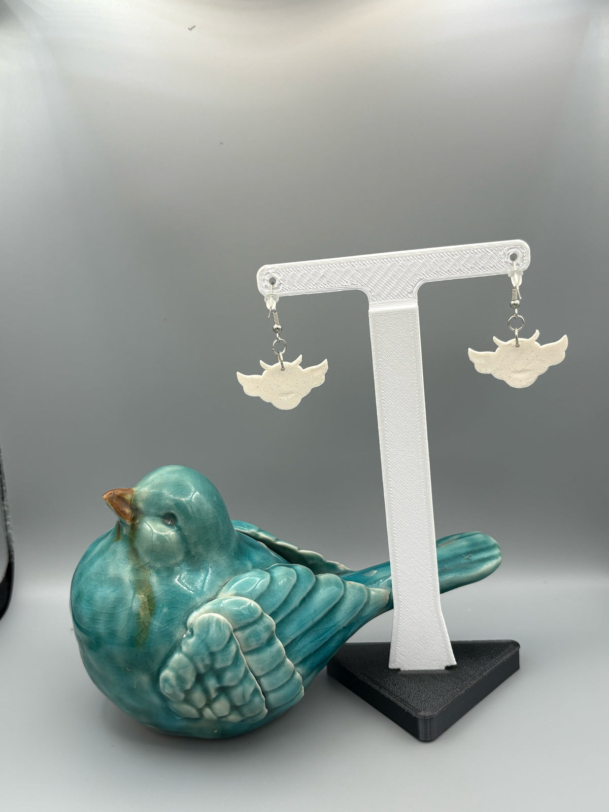 White Sparkly Owl Dangle Earrings - handcrafted polymer clay earrings by Lakeside Clay