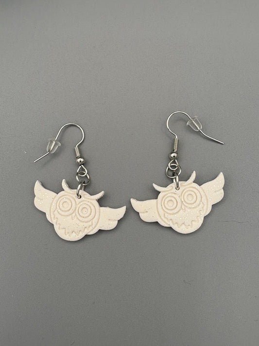 White Sparkly Owl Dangle Earrings - handcrafted polymer clay earrings by Lakeside Clay