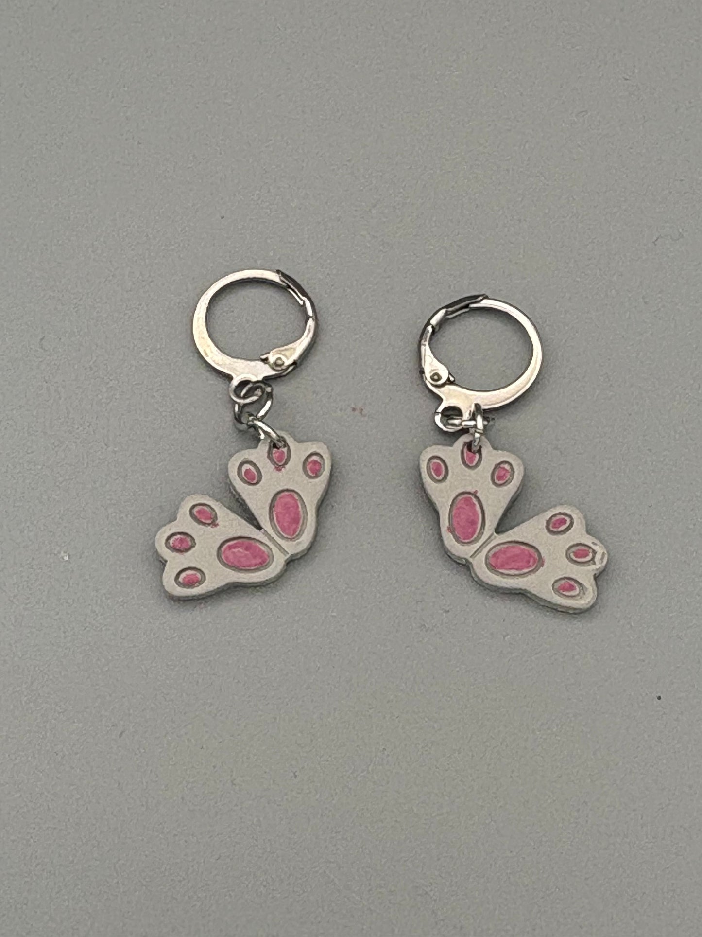 Grey Rabbit Feet Dangle Earrings - handcrafted polymer clay earrings by Lakeside Clay