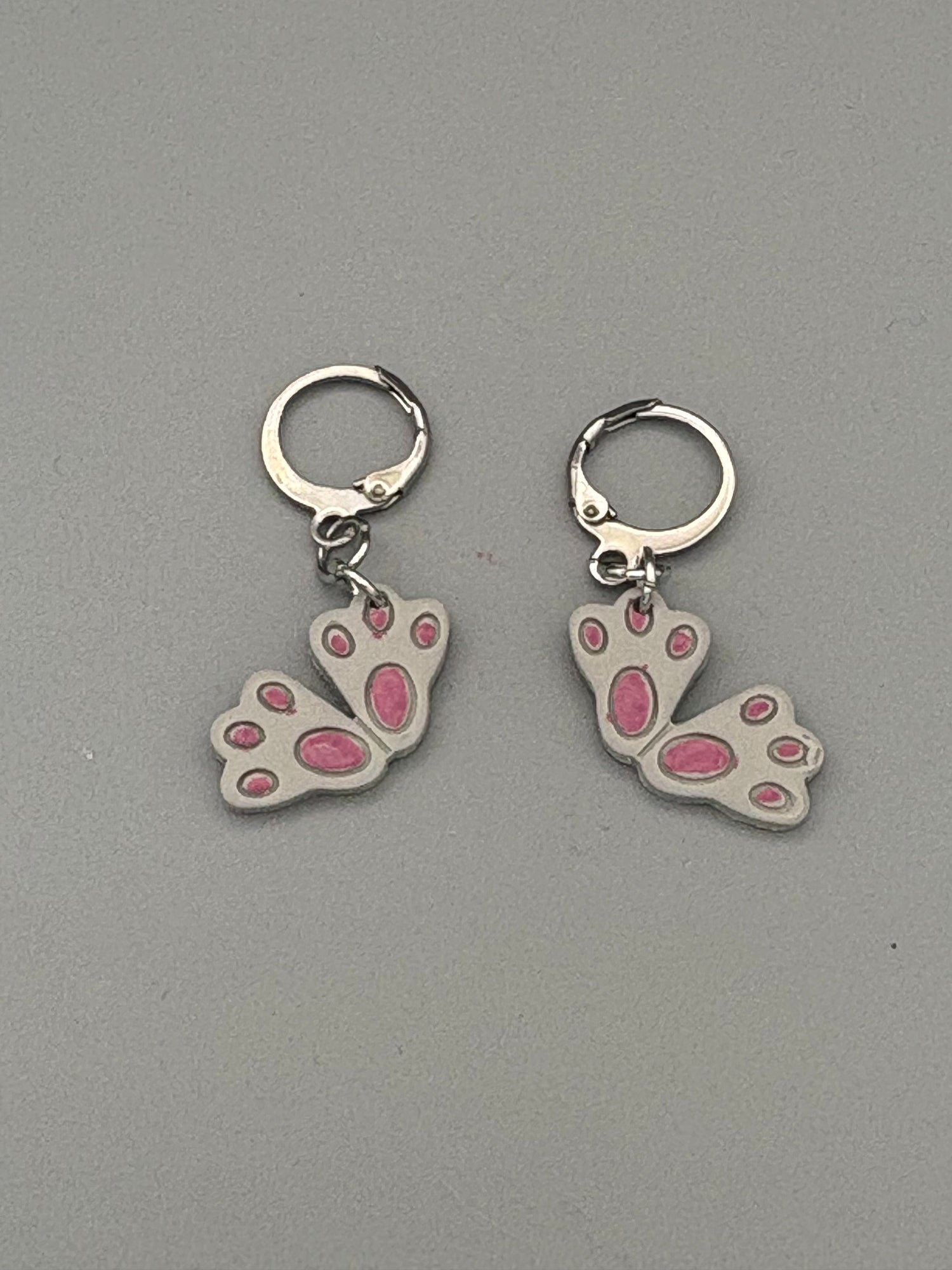 Grey Rabbit Feet Dangle Earrings - handcrafted polymer clay earrings by Lakeside Clay