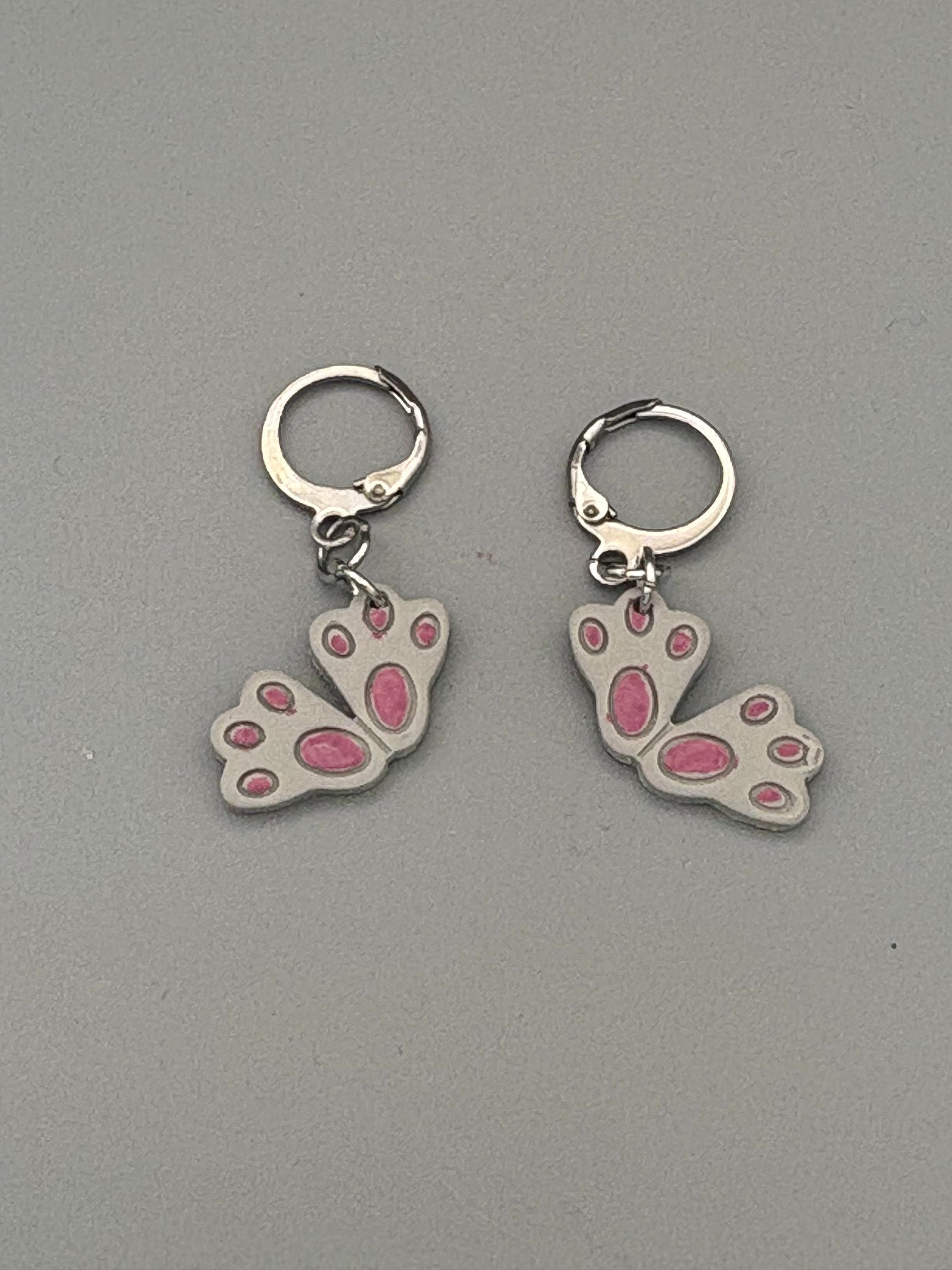 Grey Rabbit Feet Dangle Earrings - handcrafted polymer clay earrings by Lakeside Clay