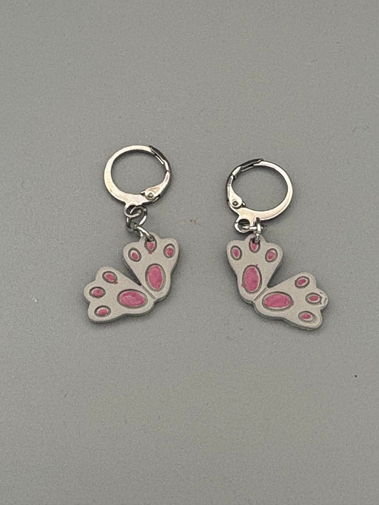 Grey Rabbit Feet Dangle Earrings - handcrafted polymer clay earrings by Lakeside Clay