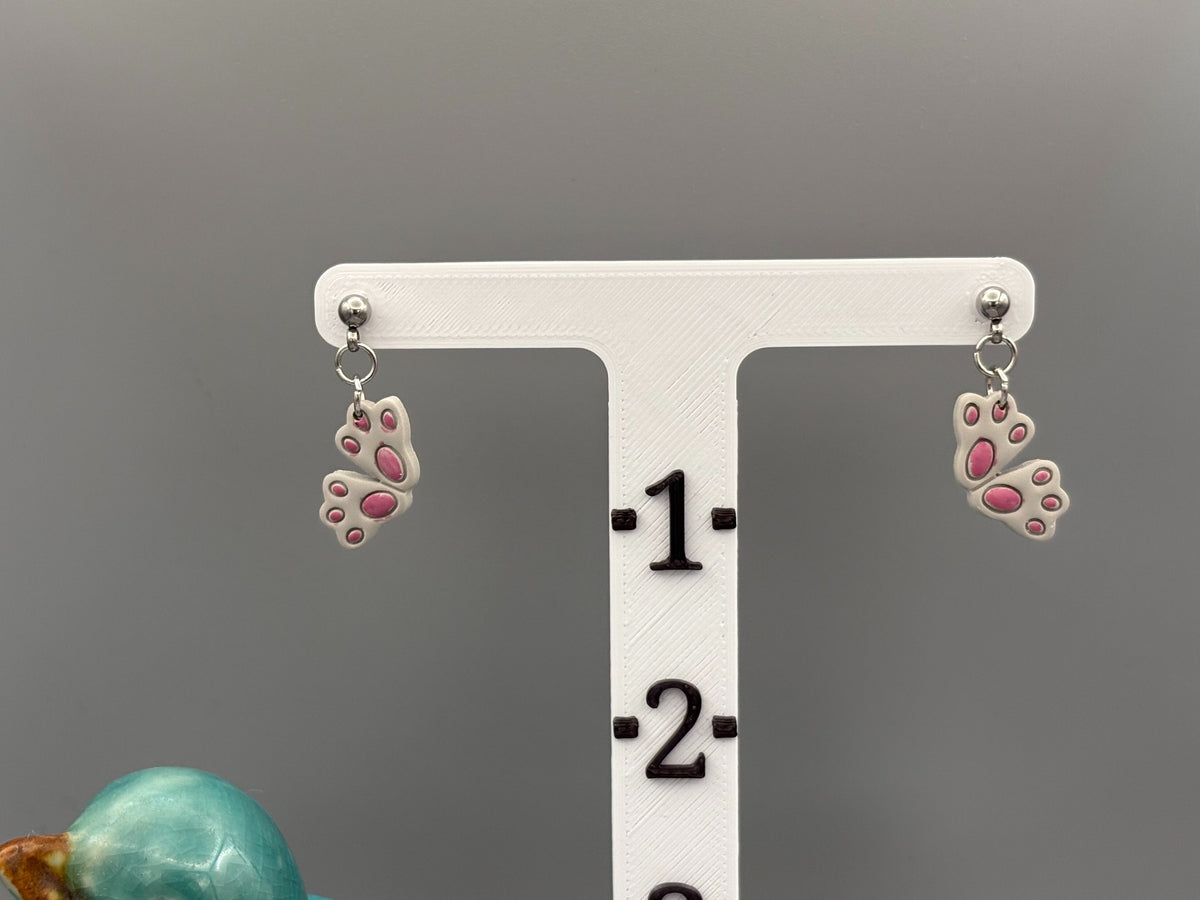 Grey Rabbit Feet Dangle Earrings - handcrafted polymer clay earrings by Lakeside Clay