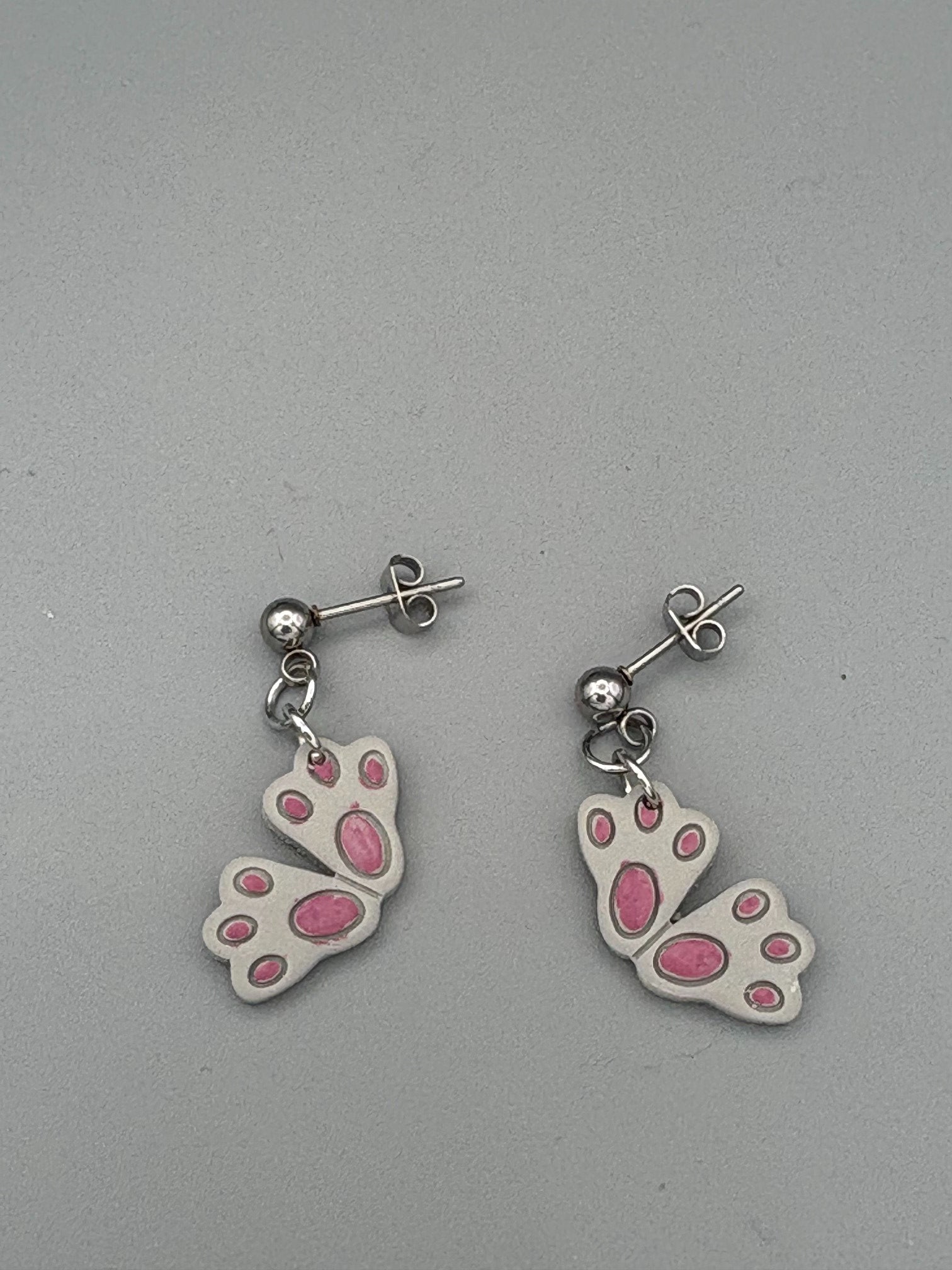 Grey Rabbit Feet Dangle Earrings - handcrafted polymer clay earrings by Lakeside Clay