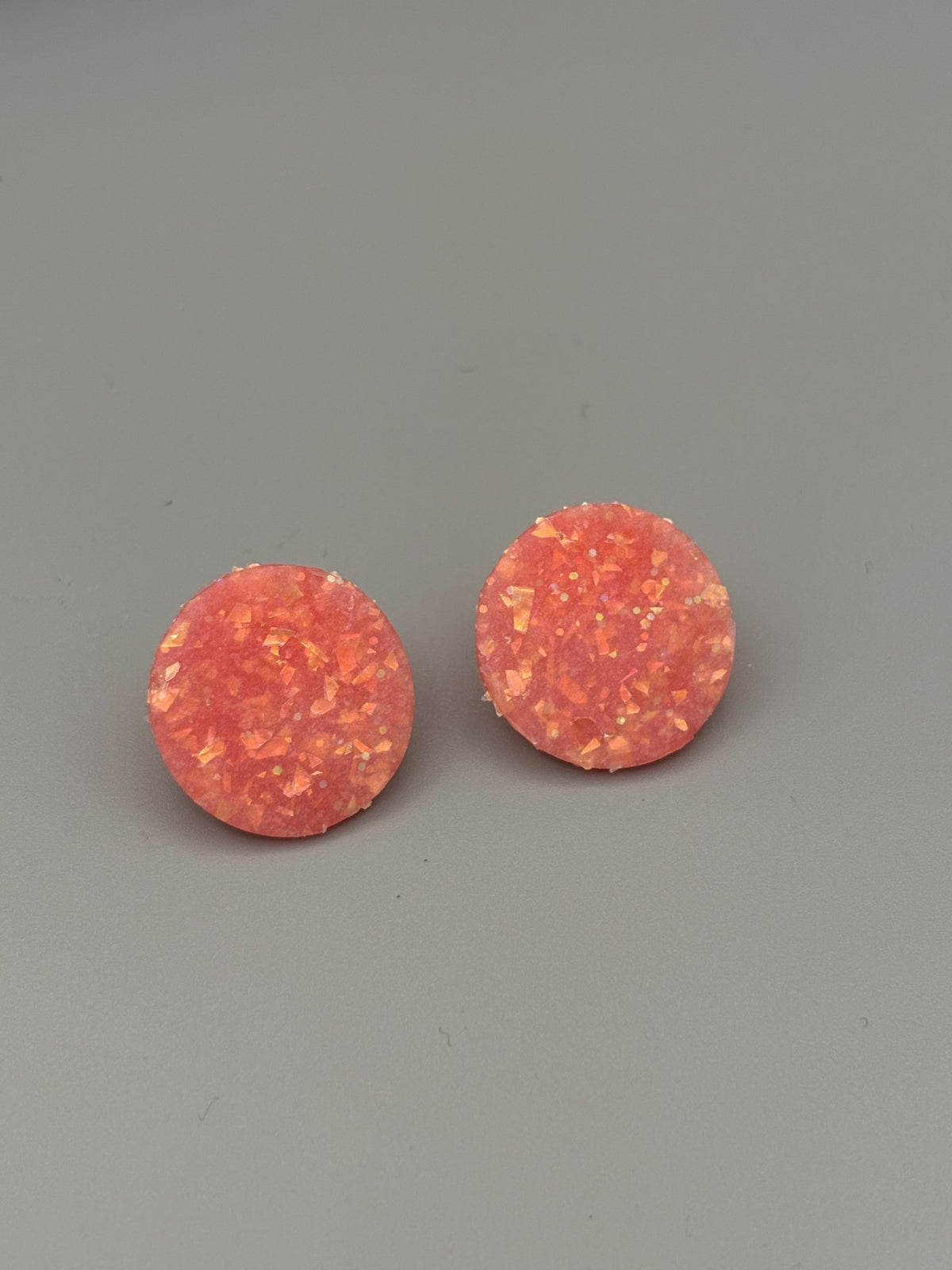 Pink Opalescent Circle Stud Earrings - handcrafted polymer clay earrings by Lakeside Clay