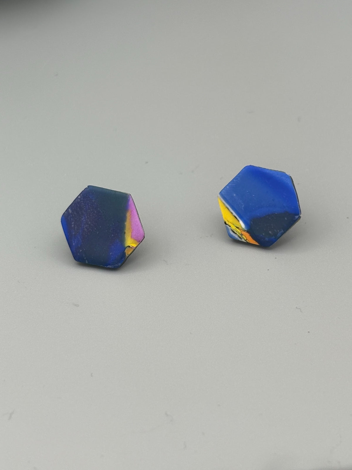 Water Colour Hexagon Stud Earrings - handcrafted polymer clay earrings by Lakeside Clay