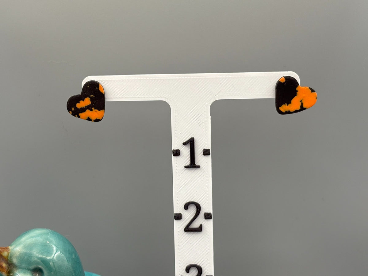 Black & Orange Heart Stud Earrings - handcrafted polymer clay earrings by Lakeside Clay
