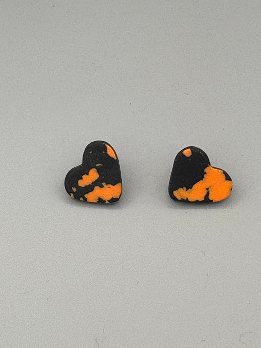 Black & Orange Heart Stud Earrings - handcrafted polymer clay earrings by Lakeside Clay