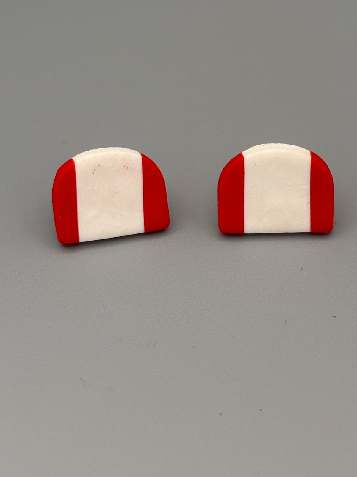 Red & White Semi Circle Stud Earrings - handcrafted polymer clay earrings by Lakeside Clay