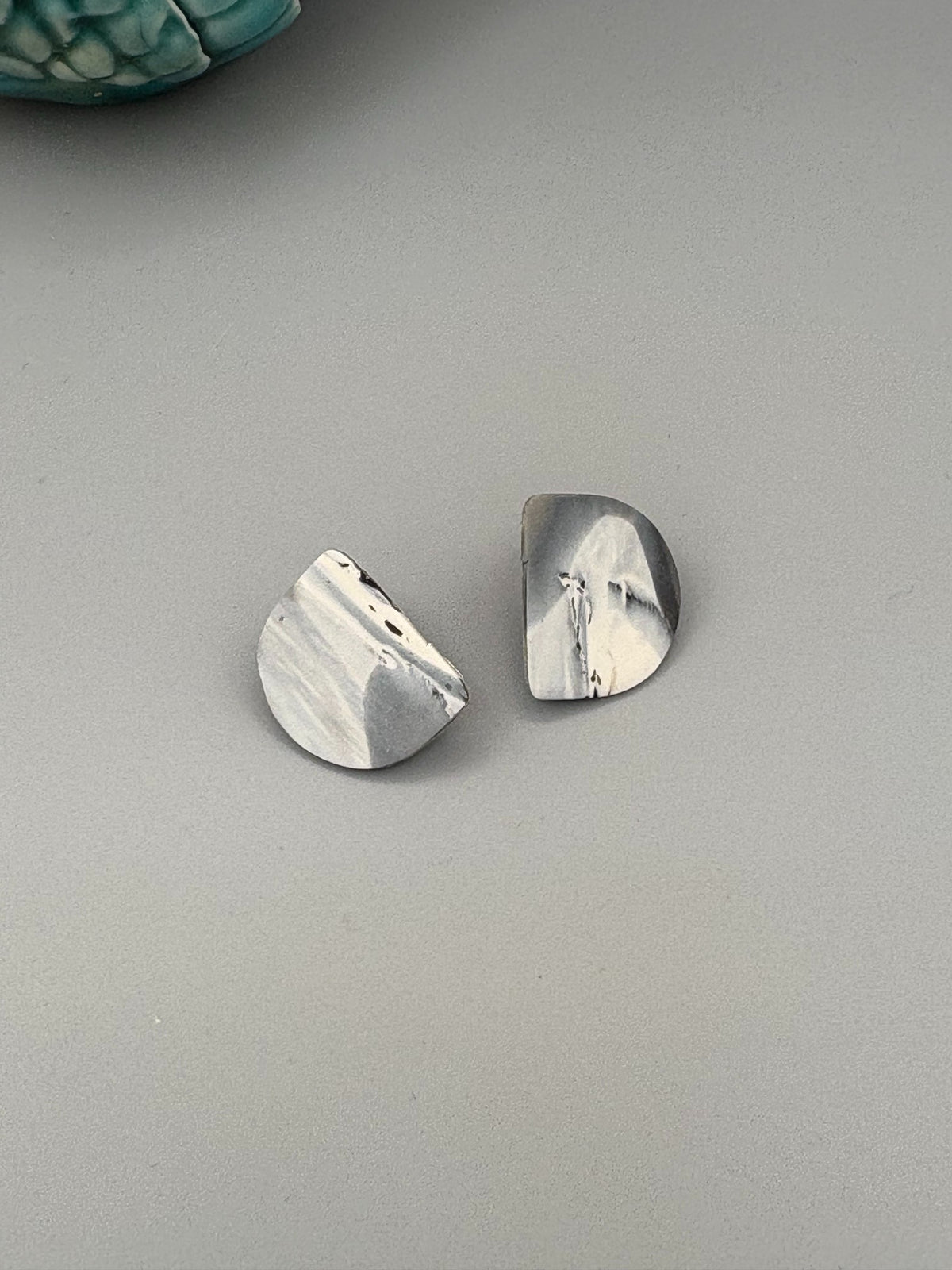 Snowstorm Semi Circle Stud Earrings - handcrafted polymer clay earrings by Lakeside Clay