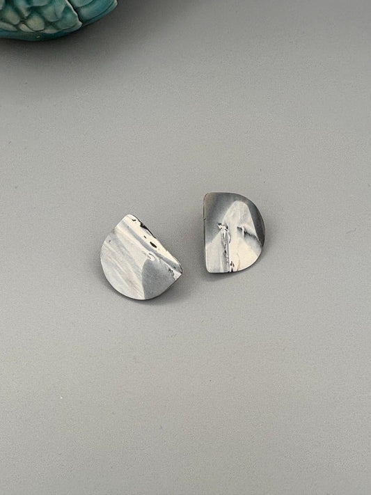 Snowstorm Semi Circle Stud Earrings - handcrafted polymer clay earrings by Lakeside Clay