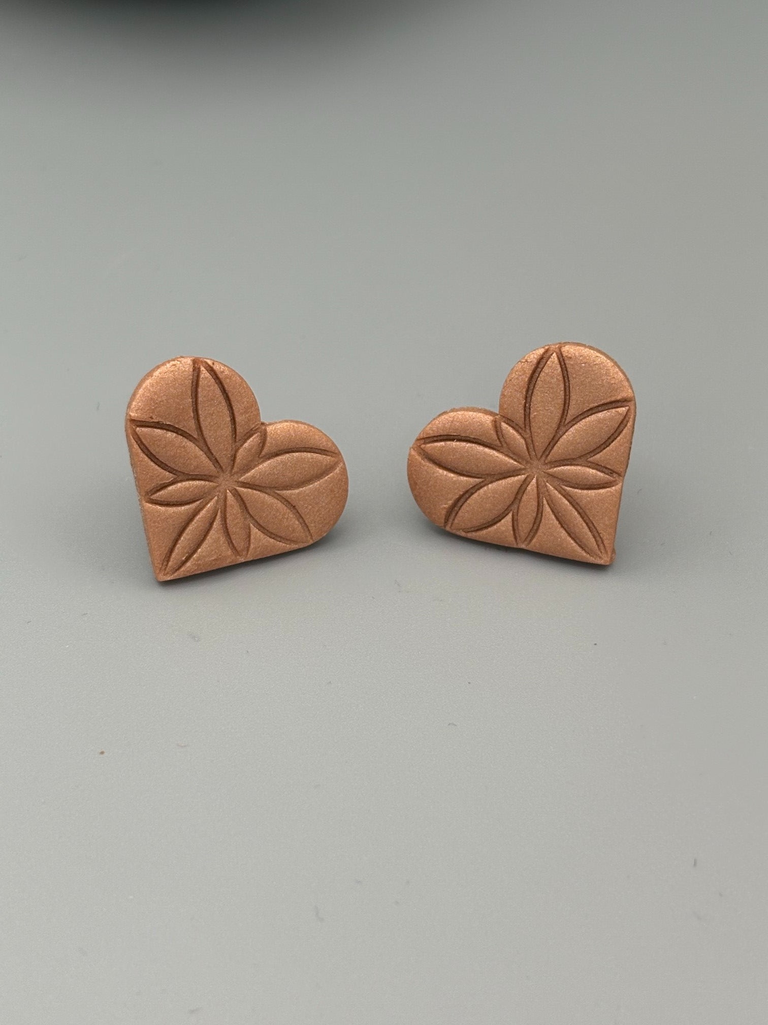 Bronze Debossed Heart Stud Earrings - handcrafted polymer clay earrings by Lakeside Clay