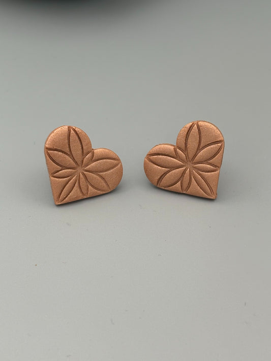 Bronze Debossed Heart Stud Earrings - handcrafted polymer clay earrings by Lakeside Clay