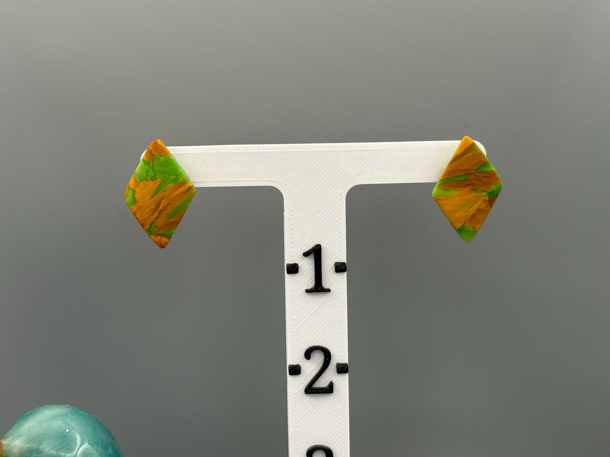 Green & Gold Diamond Stud Earrings - handcrafted polymer clay earrings by Lakeside Clay