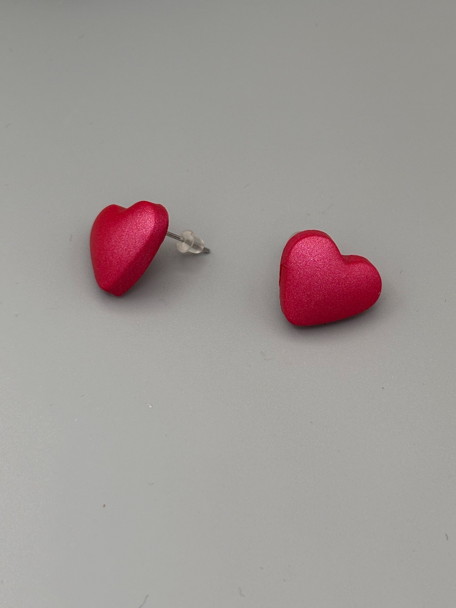 Pink Puffy Heart Stud Earrings - handcrafted polymer clay earrings by Lakeside Clay