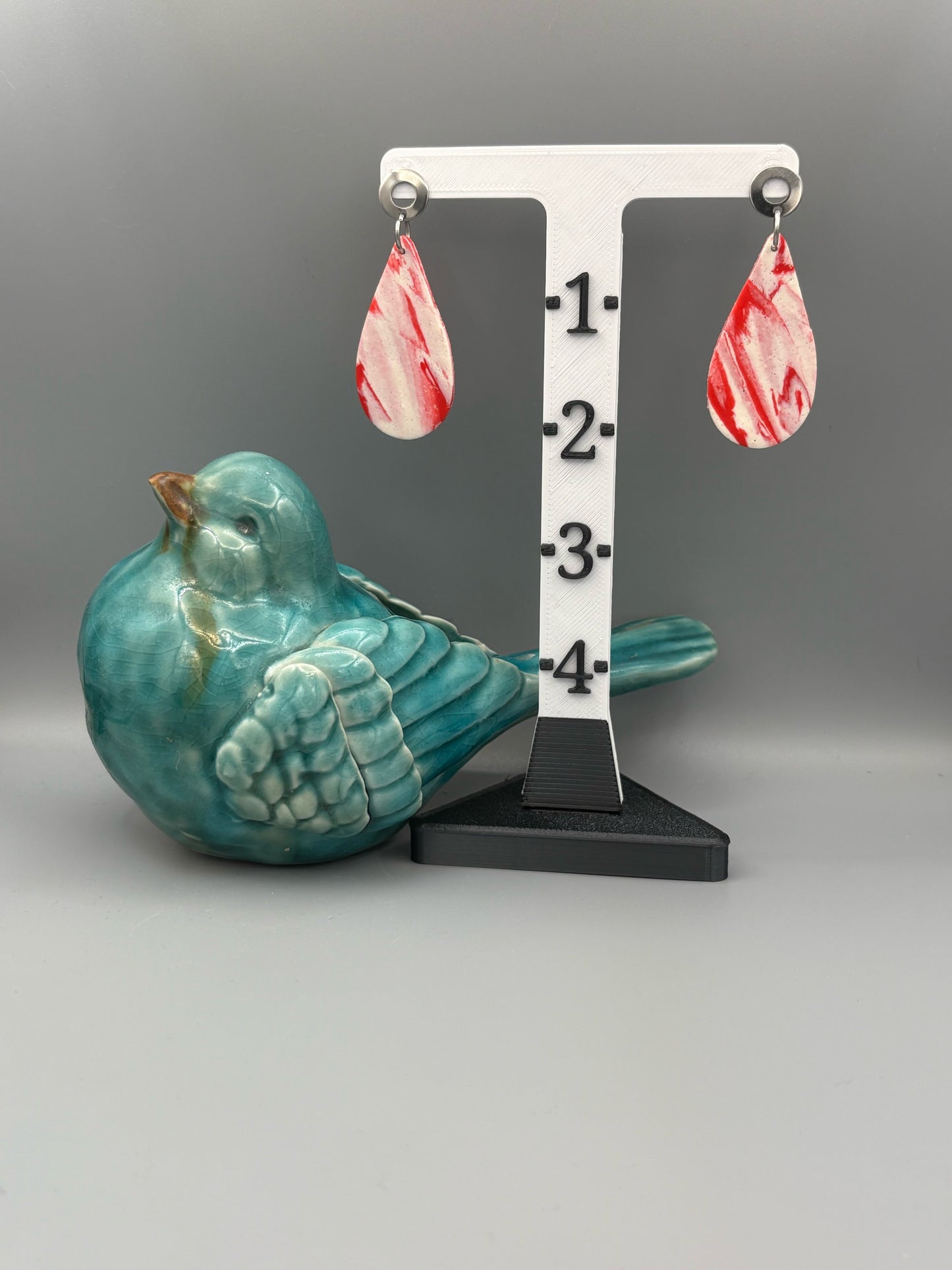 Red & White Marble Drop Dangle Earrings - handcrafted polymer clay earrings by Lakeside Clay