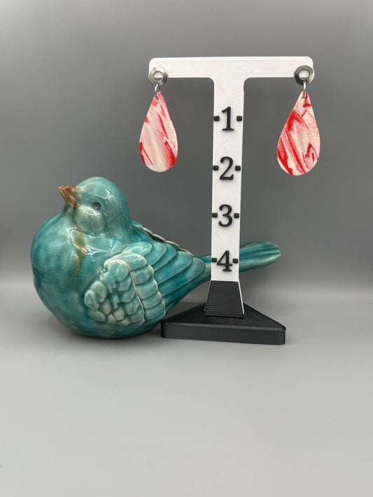 Red & White Marble Drop Dangle Earrings - handcrafted polymer clay earrings by Lakeside Clay