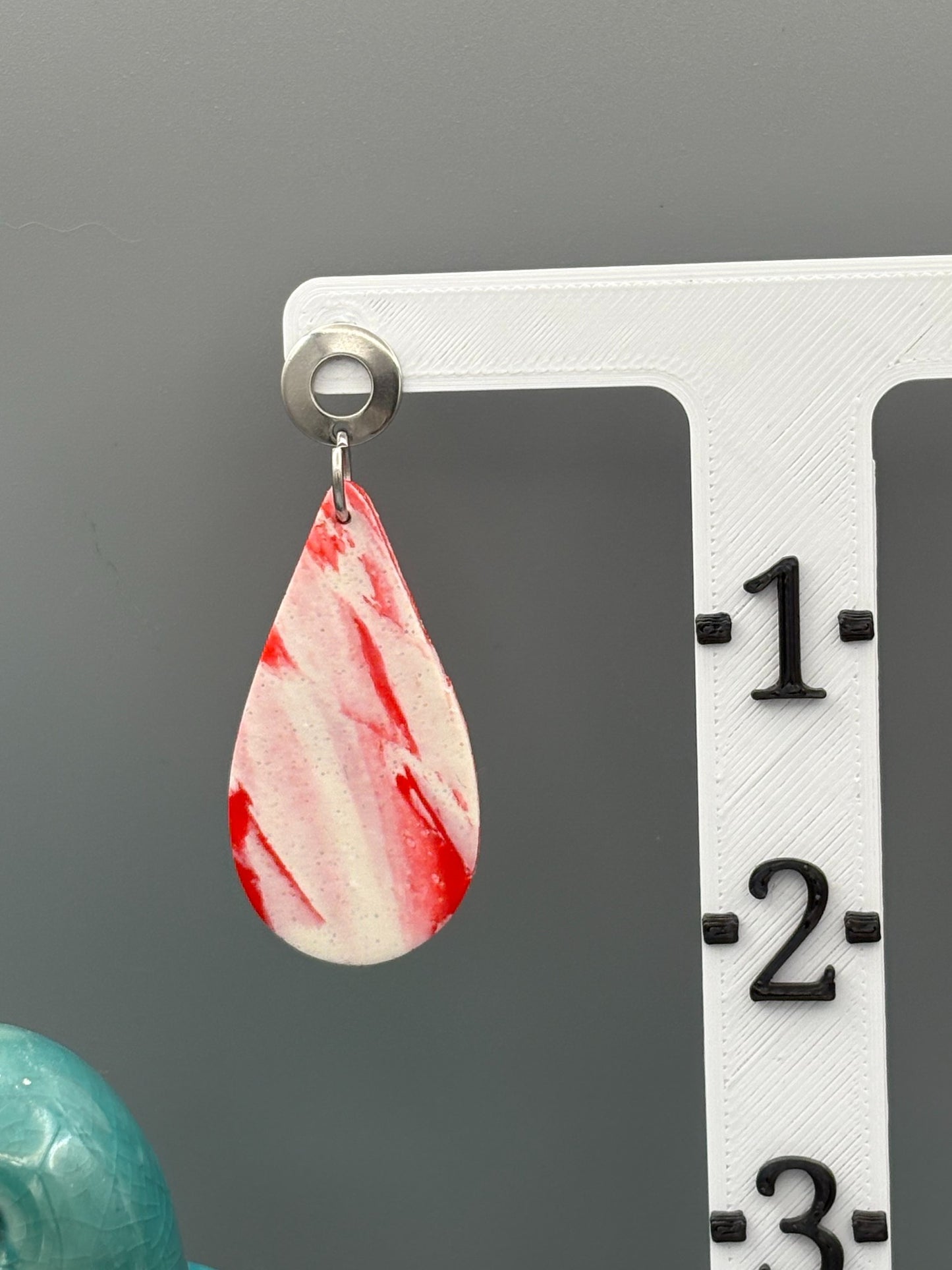 Red & White Marble Drop Dangle Earrings - handcrafted polymer clay earrings by Lakeside Clay