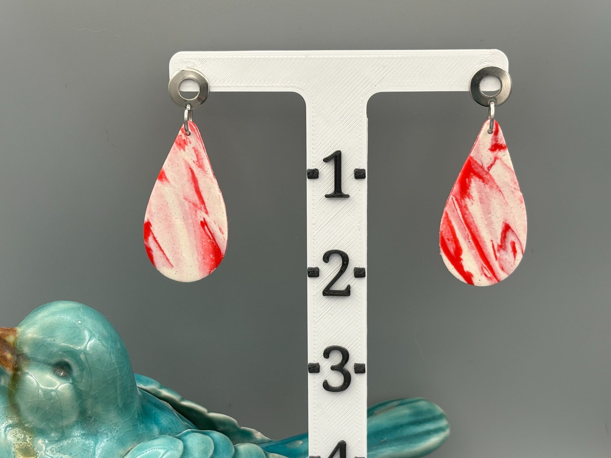 Red & White Marble Drop Dangle Earrings - handcrafted polymer clay earrings by Lakeside Clay