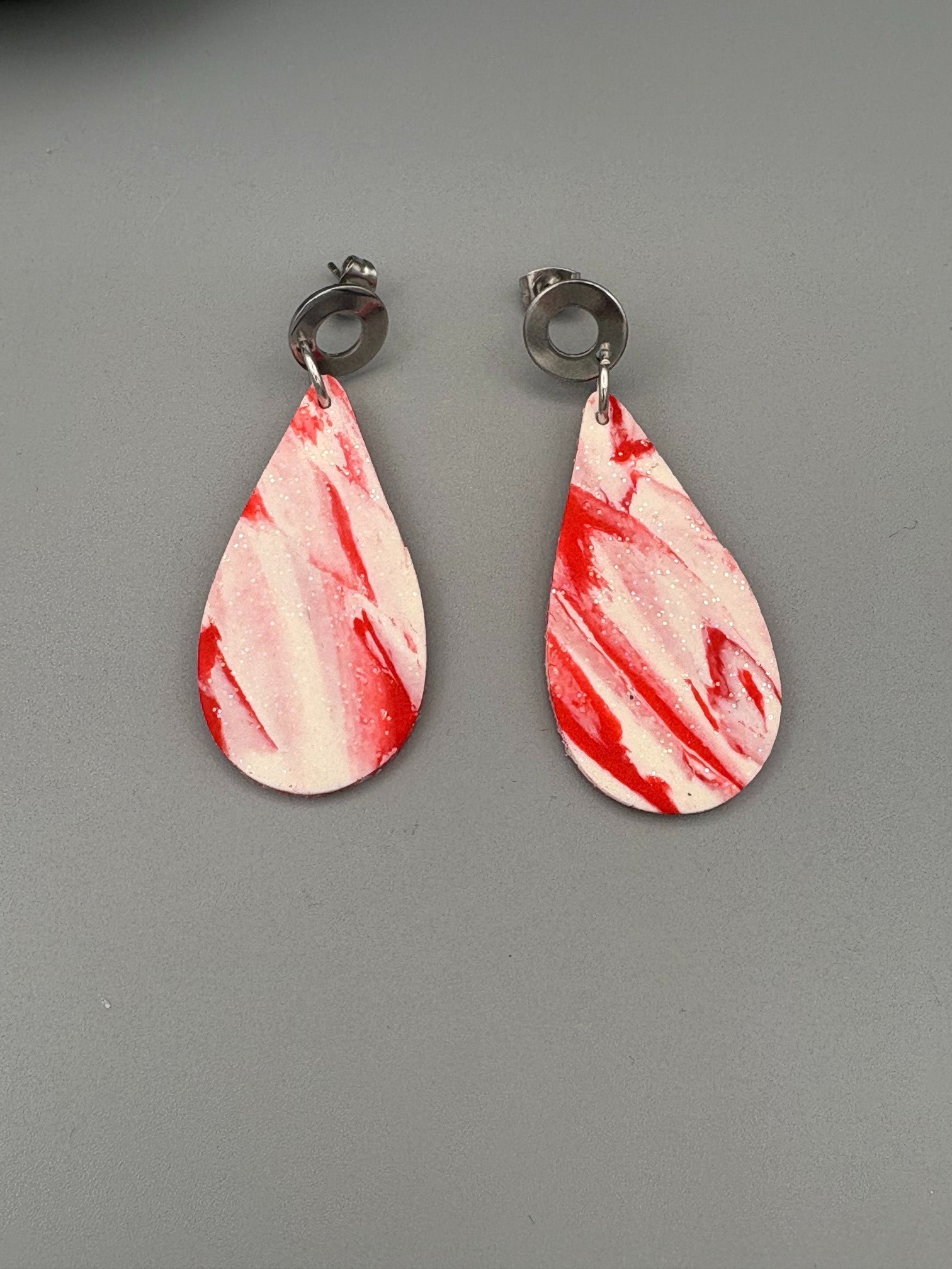 Red & White Marble Drop Dangle Earrings - handcrafted polymer clay earrings by Lakeside Clay