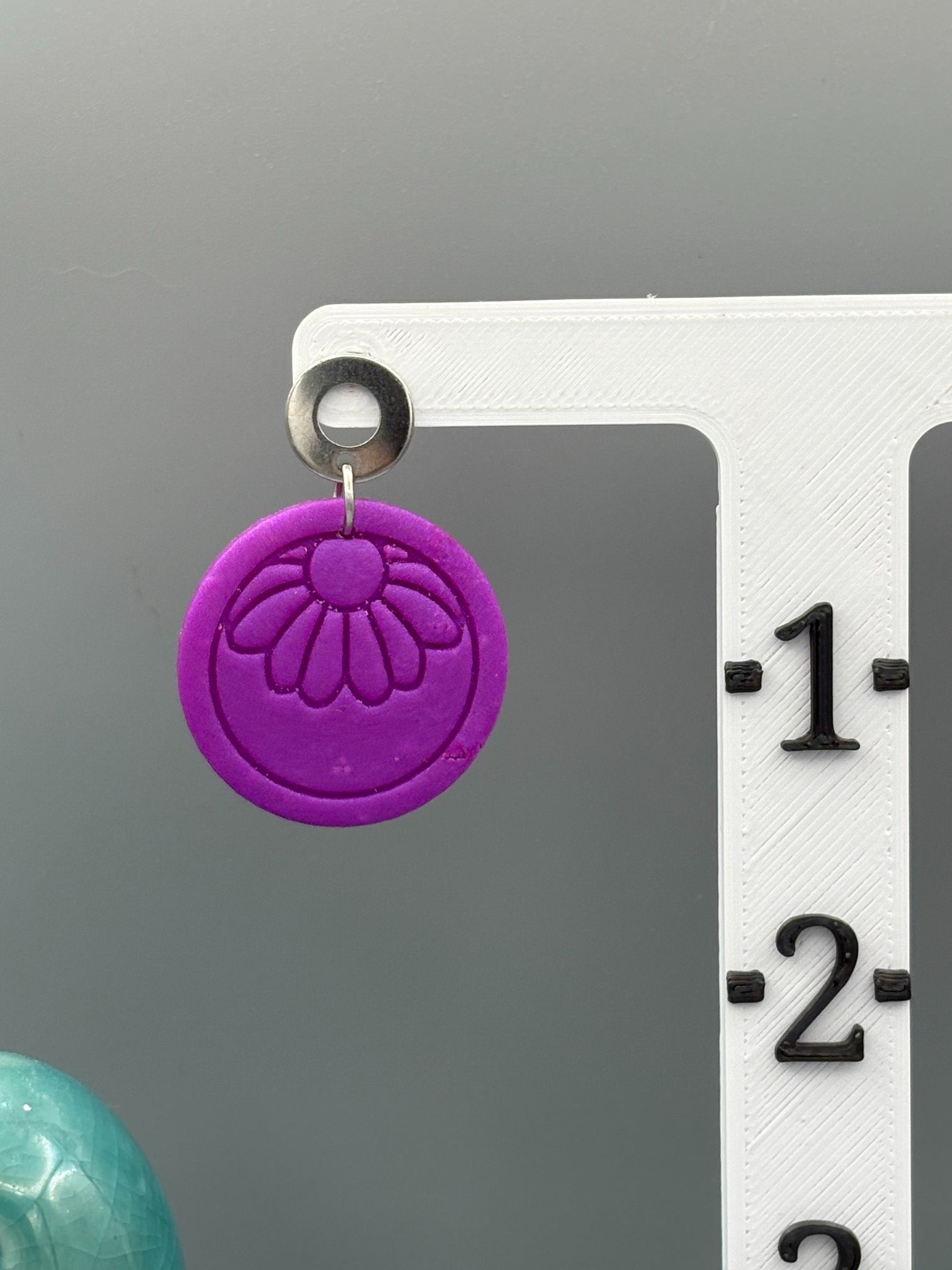 Purple Flower Circle Dangle Earrings - handcrafted polymer clay earrings by Lakeside Clay