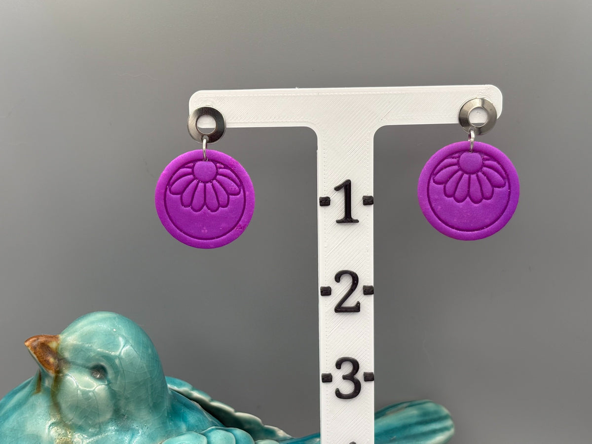 Purple Flower Circle Dangle Earrings - handcrafted polymer clay earrings by Lakeside Clay