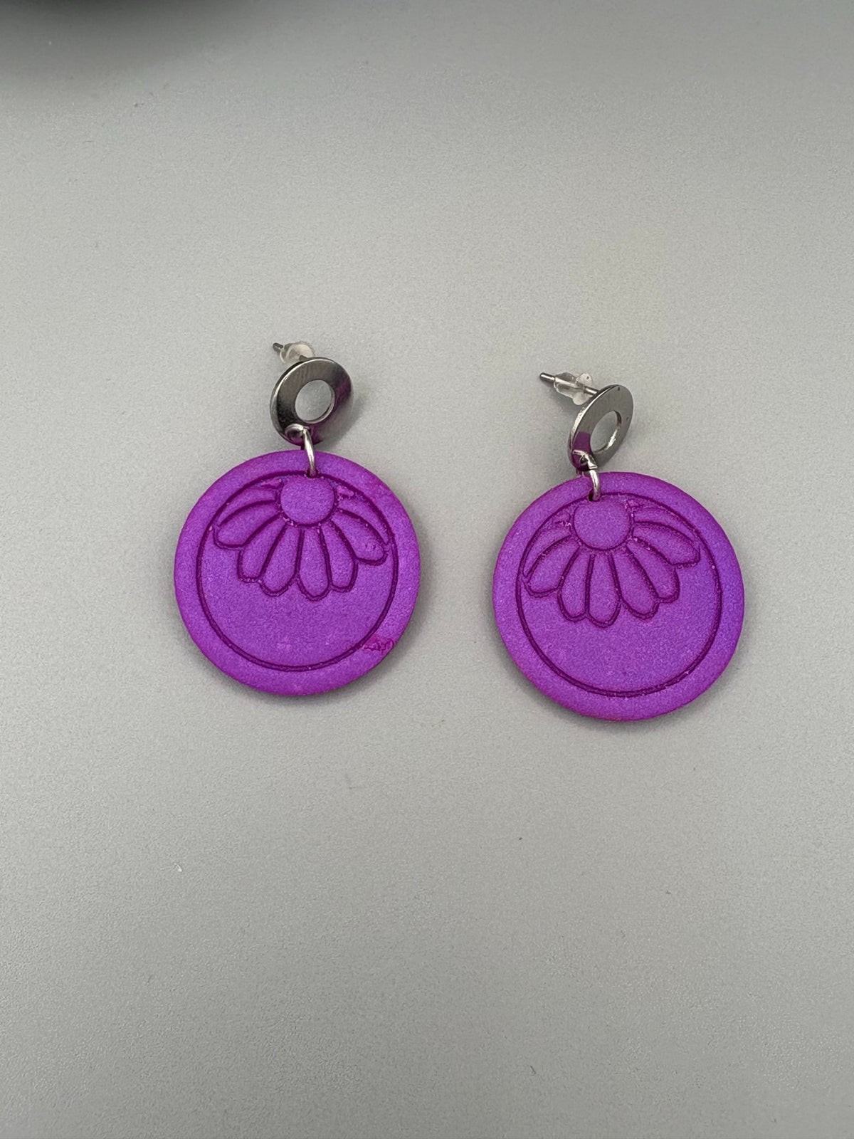 Purple Flower Circle Dangle Earrings - handcrafted polymer clay earrings by Lakeside Clay