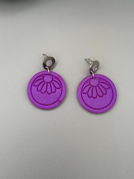 Purple Flower Circle Dangle Earrings - handcrafted polymer clay earrings by Lakeside Clay