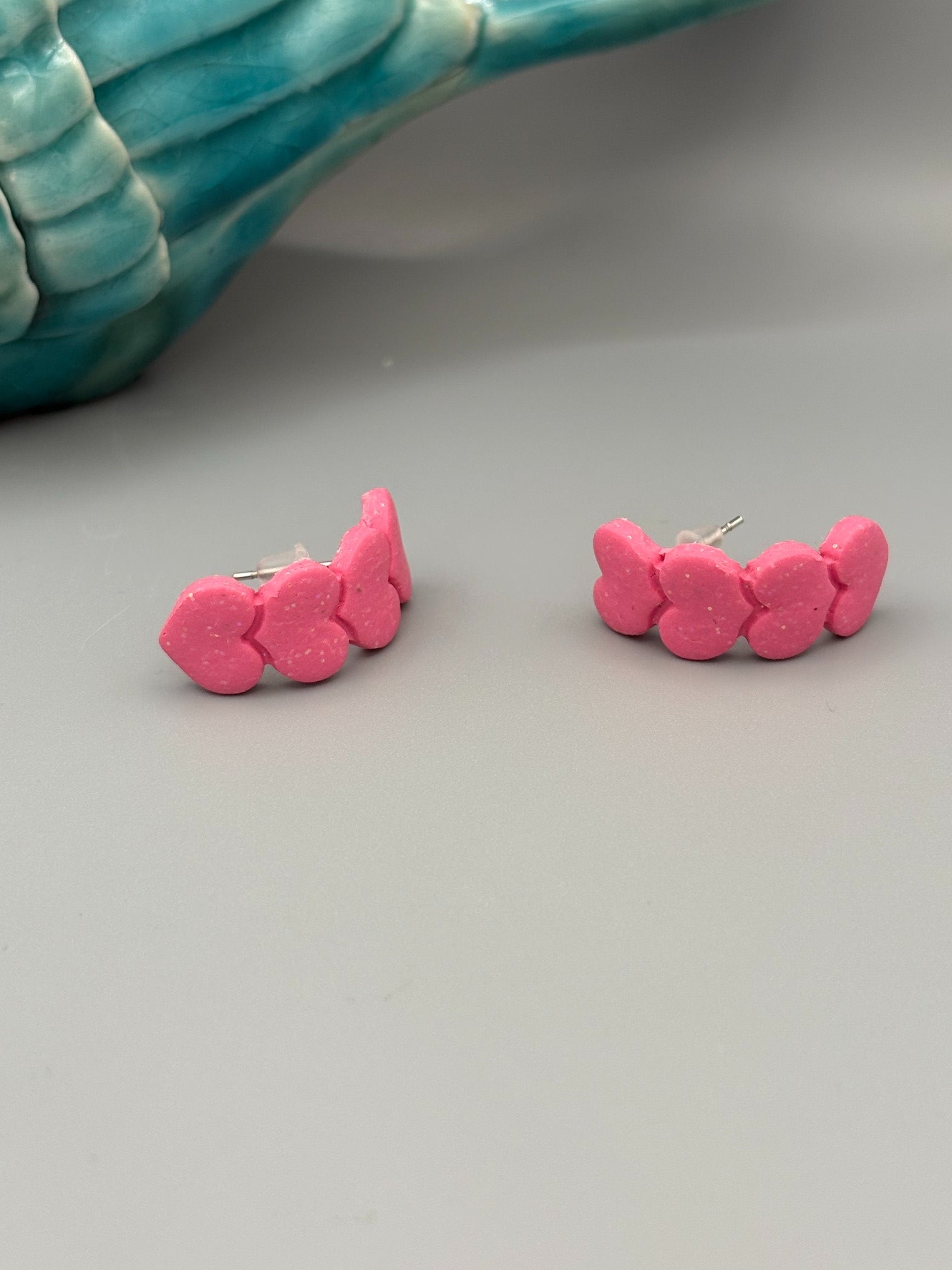 Sparkly Pink Heart Huggie Earrings - handcrafted polymer clay earrings by Lakeside Clay
