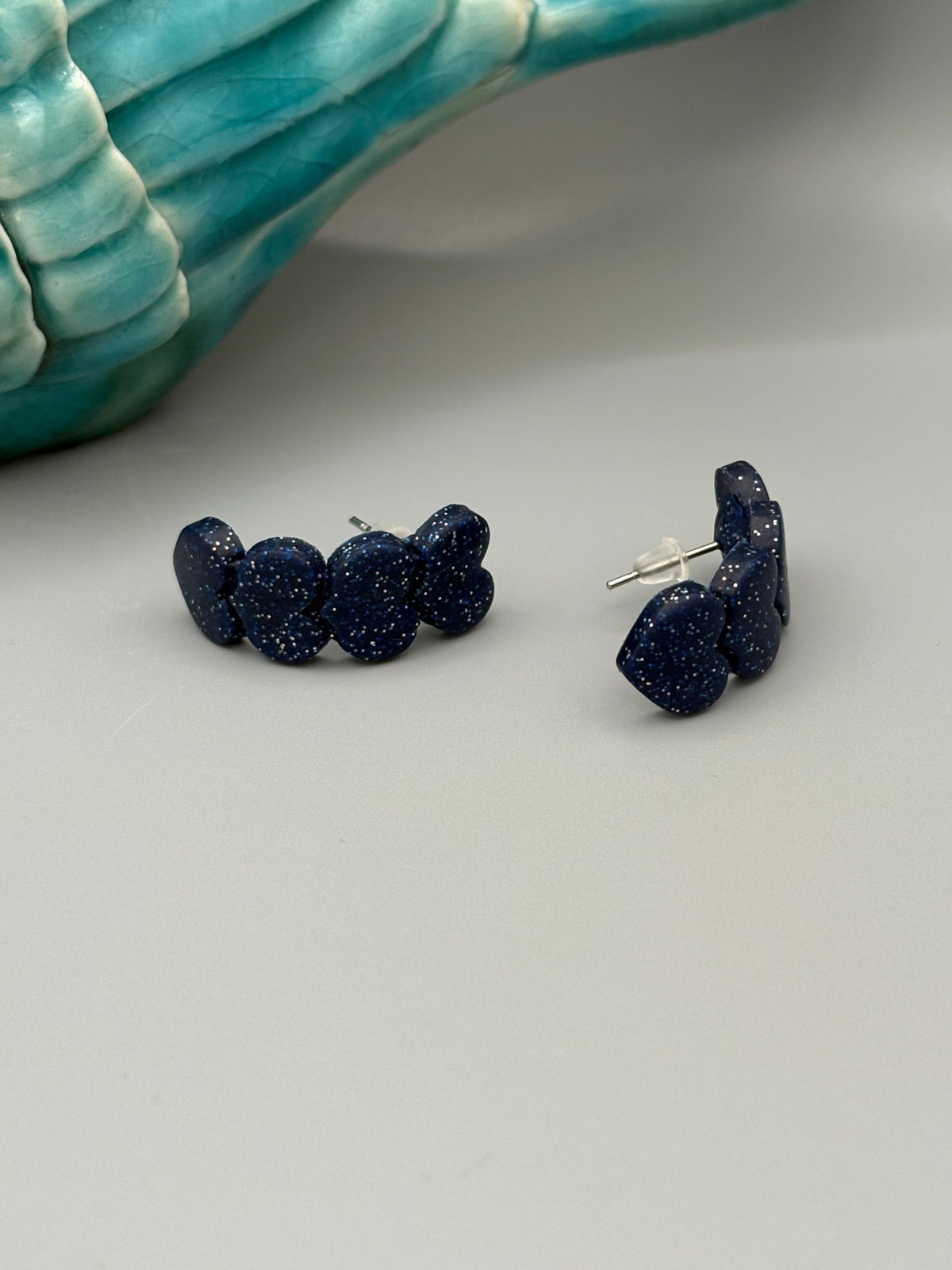 Midnight Blue Sparkle Heart Huggie Earrings - handcrafted polymer clay earrings by Lakeside Clay