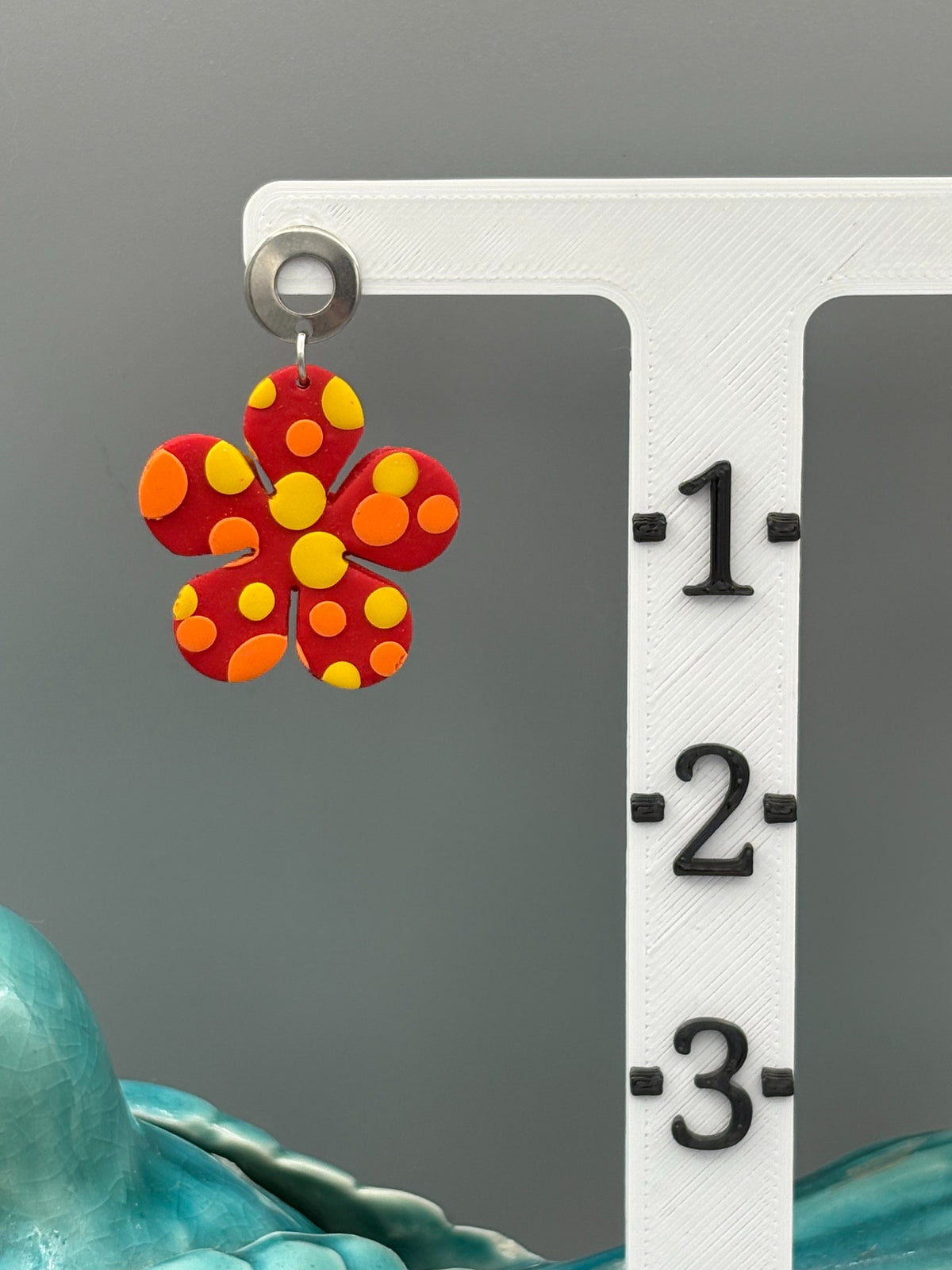Polka Dot Flower Dangle Earrings - handcrafted polymer clay earrings by Lakeside Clay