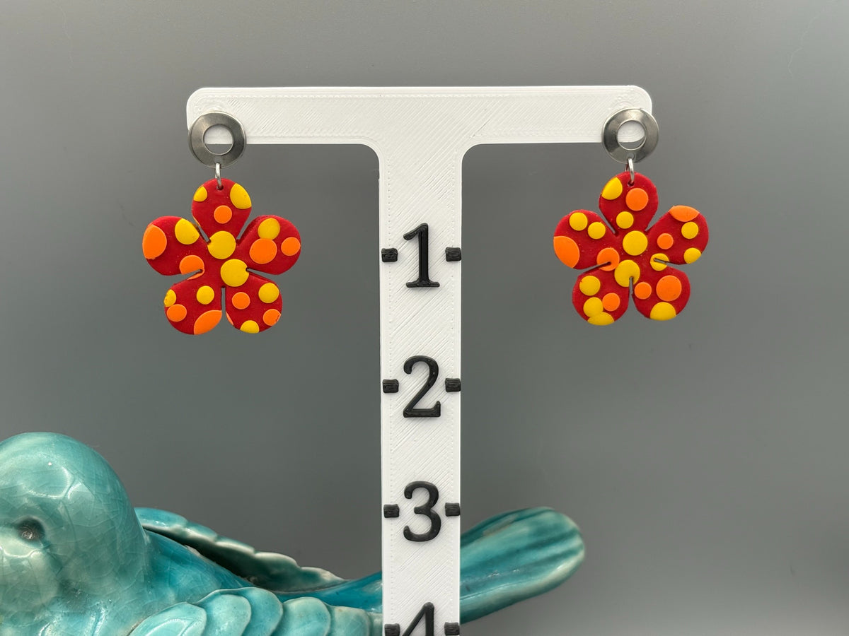 Polka Dot Flower Dangle Earrings - handcrafted polymer clay earrings by Lakeside Clay