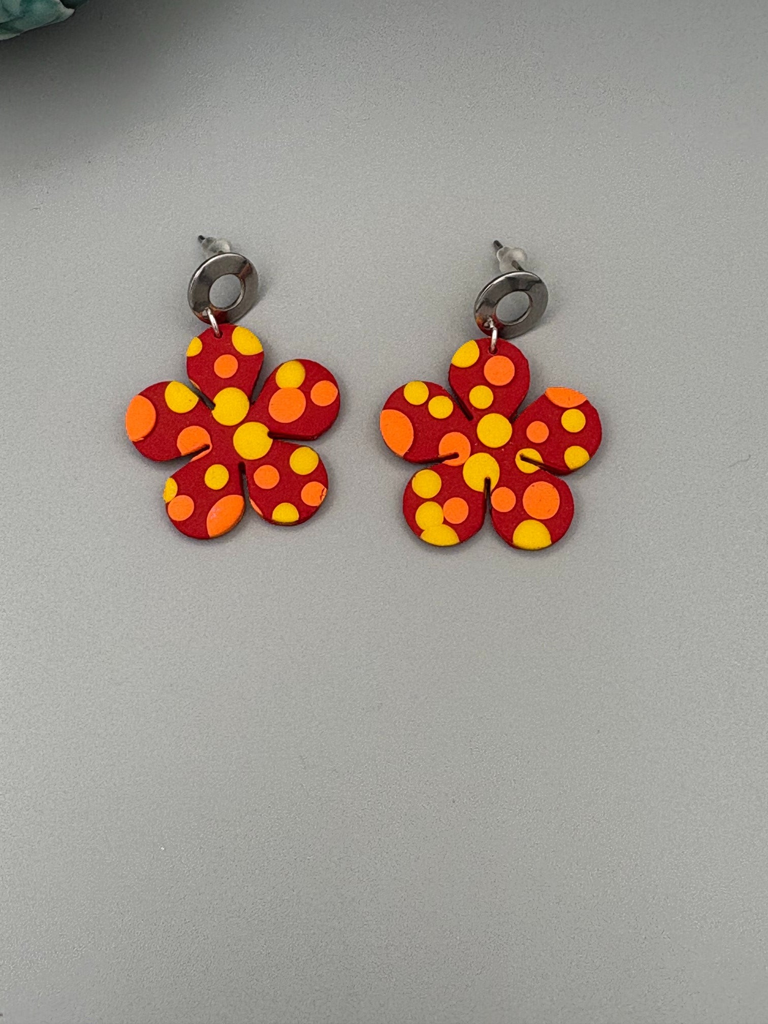 Polka Dot Flower Dangle Earrings - handcrafted polymer clay earrings by Lakeside Clay